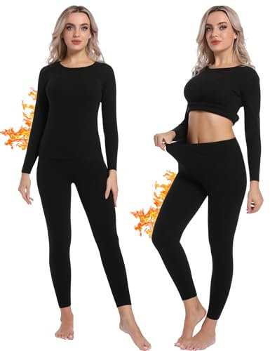 INNERSY Thermounterwäsche Damen Schwarz Ski Unterwäsche Frau Winter Funktionsunterwäsche Warm (L, Schwarz)