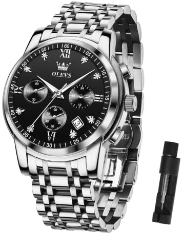 OLEVS Men's Chronograph Watch, Gold Silver Tone Stainless Steel Analog Quartz Watch, Multi-Function Waterproof Date Diamond Roman Numerals Dial Dress Watch for Men