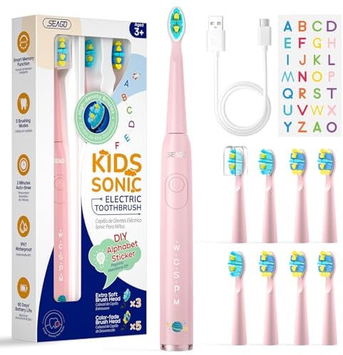 Seago Kids Electric Toothbrush 3 5 6 8 9 10 12, Childrens Rechargeable Battery Toothbrushes with Funny DIY Stickers, 2 Mins Timer, 8 Replacement Brush Heads, for Boys Girls Teenagers, SG2303(Pink)