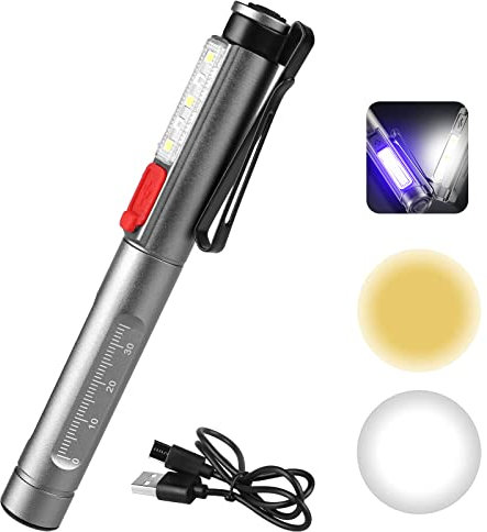 Linterna de Boligrafo Diagnóstico Médico LED, Recargable Linterna Enfermera, Linterna Medica, Linterna LED con 2 Fuentes de Luz LED, Linterna Medica Bolígrafo, para Medicos Enfermeras, con Medidor