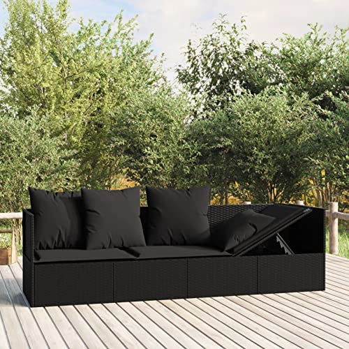 Chusui Outdoor-Loungebett mit Kissen, Lounge Sofa Outdoor, Sonneninsel Outdoor, Outdoor Liege, Daybed Outdoor, Outdoor Bett, Garten Lounge, Schwarz Poly Rattan