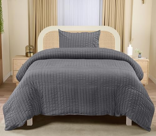 Utopia Bedding Seersucker Duvet Cover - Single Duvet Cover Set with Pillowcase - Soft Microfibre Polyester Seersucker Bedding (Grey)