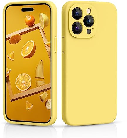CALOOP Slim-Fit for iPhone 14 Pro Max Case,Sturdy Shockproof Hard Frame Cover with Anti-Scratch Microfiber Lining,Skin Soft Liquid Silicone,Full Protection for Screen and Camera Lens(Lemon Yellow)