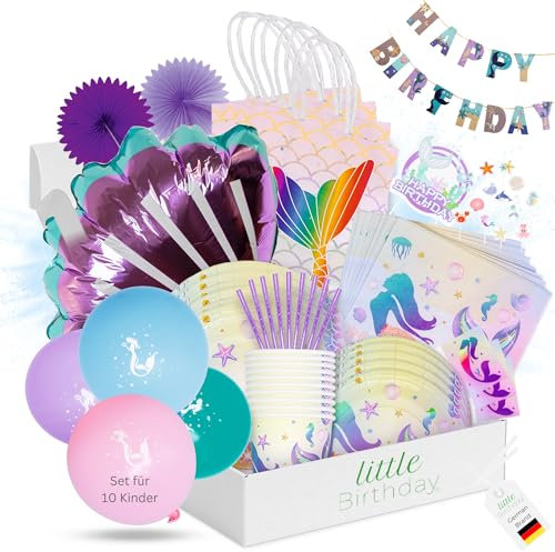 LITTLE BIRTHDAY | Meerjungfrau Partygeschirr Paket Set Kindergeburtstag | Party Deko| Geburtstag 10 Personen | Pappteller| Pappbecher| Servietten| Luftballons | Topper | Einladungskarten | Tütchen