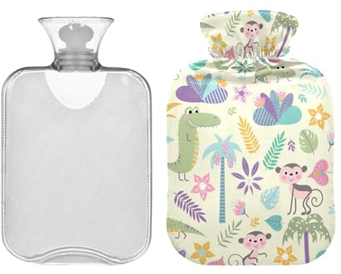 ZZXXB Tropical Crocodile Monkey Hot Cold Water Bottle with Fleece Cover PVC Hot Water Bag 2 Liter