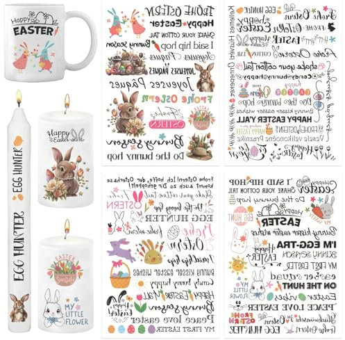 4 Stück Kerzentattoo Ostern Osterhase Kerzensticker Rub On Sticker Ostern Wasserschiebefolie Kerzen Kerzen Folie Ostern Kerzen Tattoo Ostern Aufkleber Ostern für Kerzen Keramik Tasse