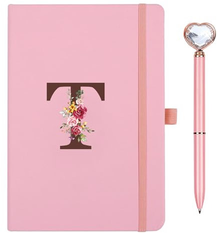 Personalisiertes A5 Notizbuch mit Initialen, PU Leder Journal mit Stift, Tagebuch für Erwachsene Schule Freundin Schwestern Mädchen Teenager Frauen Geburtstag Abschluss Geschenk Muttertagsgeschenk(T)