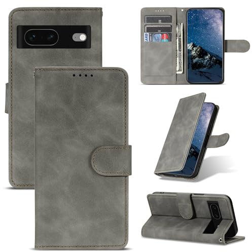 ScandiCasis Klapphülle für Google Pixel 7A, Elegantes Leder Flip Case Handyhülle：mit 1 Schutzfolie [3*Kartenfach] [PremiumPU Leder][Standfunktion][Magnet Klappbar & Flip Wallet],Stoßfest, Grau