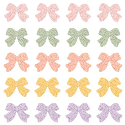 MAYJOYDIY 50 Stück 5 Farben Niedliche Schleife Gehäkelt Gestrickt Stoffflicken Wollgarn Stoffapplikationen Hellkhaki Dunkelseegrün Rosa Flieder Zum Nähen von Kleidungsstücken DIY Basteln Sticken