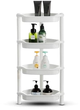 Qualiware 4 Tier Shower Caddy Organizer Shelf Corner, 36 x 25 x 70 Centimeter, Rustproof Free Standing Plastic Shower Rack Stand Corner Shelves for Bathroom Storage Unit (Triangular White)