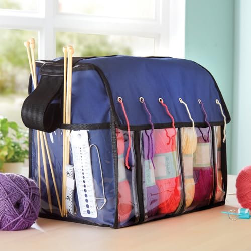 3 PAGEN® Strick-Organizer für Wolle – Aufbewahrungstasche für Wolle mit 6 Fadenführern und durchsichtigen Fächern – praktisches Seitenfach für Zubehör – Maße: 30x39x24cm