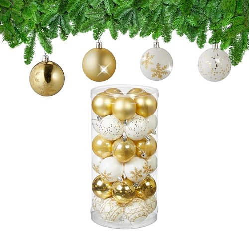 Relaxdays Weihnachtskugeln 30er Set, Kunststoff, D: 6 cm, runde Weihnachtsbaumdeko, Baumschmuck bruchsicher, Gold/weiß