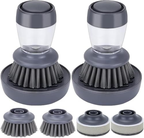 Cepillo de lavado con dispensador de detergente, 2 cepillos de lavado con dispensador de detergente integrado, juego de cepillos de lavado de cocina, cepillo de limpieza para apretar con 4 recambios
