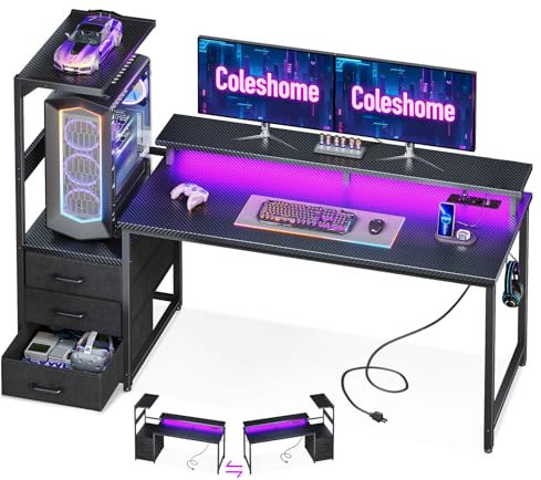 Coleshome Scrivania Gaming con Luci LED e Prese di Corrente, Postazione Gaming Reversibile con Cassetti, Scrivania Computer con Supporto per Schermo, Fibra di Carbonio Nera, 151×50 cm