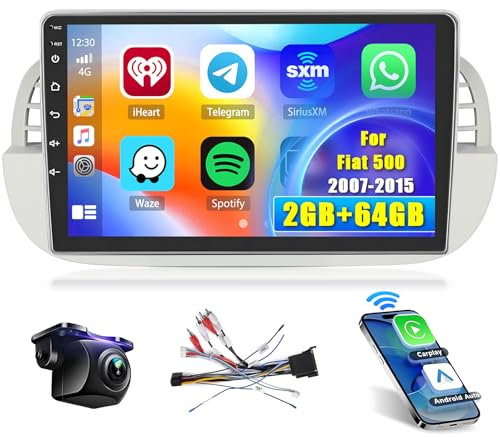 Hikity 2+64GB Android 15 Autoradio per Fiat 500 2007-2015 Radio CarPlay Android Auto 9 Pollici Touchscreen Auto Radio con WiFi GPS FM RDS Telecamera Posteriore