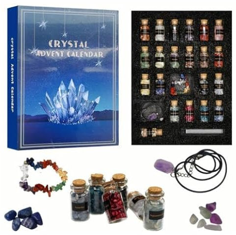 Days until End Weihnachten Kristall Adventskalender Edelstein Adventskalender 2024 Für 24 Tage Weihnachten Countdown Natürliche Kristalle Chips Flaschen Set Für Hexe Anfänger Mädchen Advent (Blau,