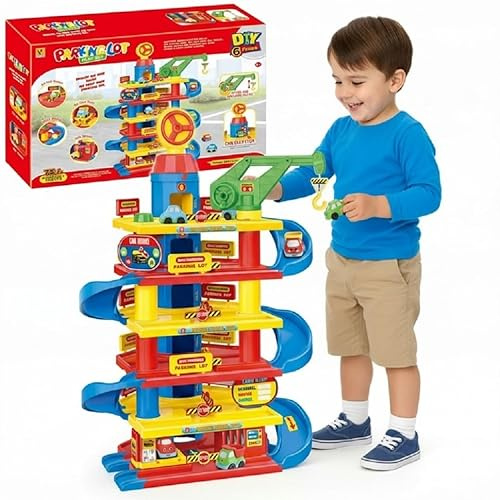 COIL Auto Parkhaus Kinder mit Autowaschanlage, Kran und Aufzug - Robustes Parkgarage Spielset für Kinder ab 3 Jahren, Interaktives Spielzeug mit Tankstelle, Große Spielgarage Kreatives (75 Elemente)