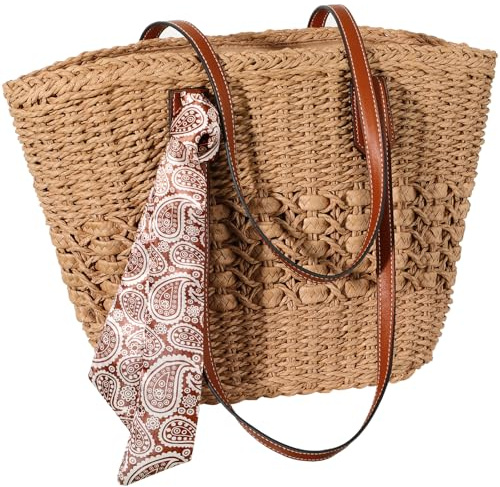 Trifabricy Sacs de plage pour femmes, sac de paille d'été, sac fourre-tout de plage en paille tissée, sac à main à bandoulière, kaki, Taille unique