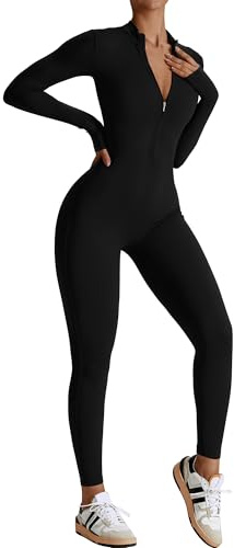 SEAUR Yoga Jumpsuit Damen Lang Sport Overall Bodycon Bodysuit 1/2 Zip Eng Einteiler Strampler für Gym Fitness Jogging S-XL