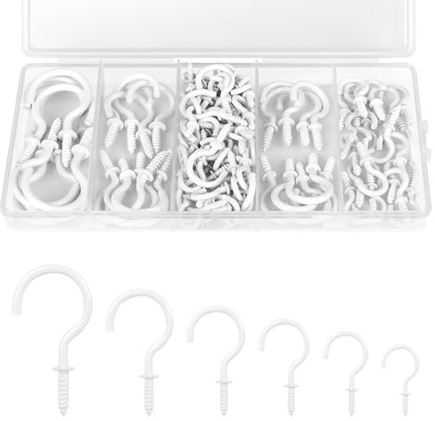 RELBRO 110 Stück Schraubhaken, 6 Größen, weiße Tassenhaken, zum Einschrauben, Metall, Wandhaken, Deckenhaken für den Innen- und Außenbereich, 1,27 cm, 1,8 cm, 2,5 cm, 3,8 cm, 3,8 cm