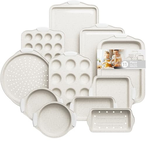 11-Piece Kitchen Nonstick Stackable Bakeware Set, Baking Pans Set, White | Non Toxic Bakeware Sets with Silicone Handles, Includes Cookie Sheets, Cake Pan, Loaf Pan, Pizza Pan, Muffin Pan