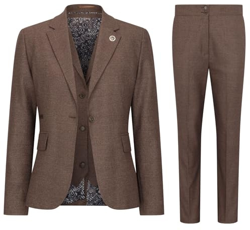Women's Suit 3 Piece Brown Prince of Wales Check Tailored Fit Business Formal Ladies Dress
