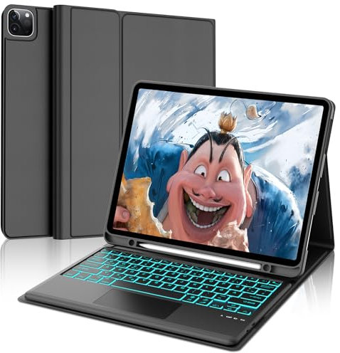 FOGARI Hülle mit Tastatur für iPad Pro 12.9 (6/5/4/3 Gen), 7 Farben Beleuchtung, Multi Touch Trackpad, Deutsches QWERTZ Magnetisch Abnehmbarer Bluetooth Tastatur für iPad 12,9 Zoll, Schwarz