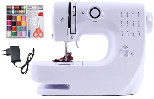 Nähmaschine mit Anschiebetisch, Mini-Nähmaschine, tragbare elektrische Nähmaschine, 12-Stiche-Nähmaschine mit LED-Licht, Nähzubehör-Set, ideal für Kleidung, Kissenbezüge, Bettlaken (weiß)