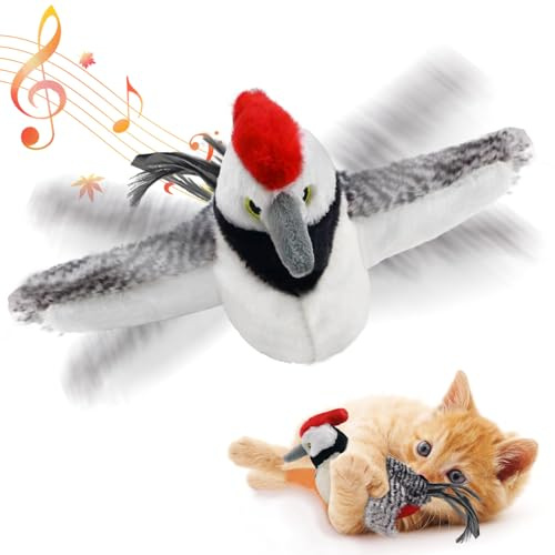 KreizyGo Katzenpielzeug, Flatternder Specht, Nicht Fliegend, Zwitschernder Vogel Interaktives Katzenminzenspielzeug für Katzen oder kleine Hunde, Berührungsaktiviert, Wiederaufladbar
