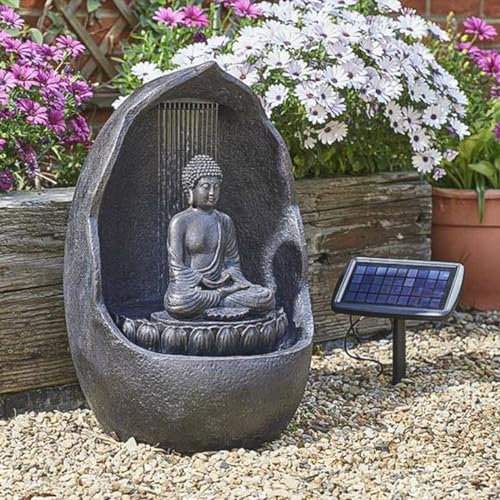 Festive Lights Fontaine solaire hybride Bouddha de 60 cm avec batterie de secours – Polyrésine gris métallisé, certifié IP44, fontaine de jardin extérieure – Panneau externe, flux tranquille