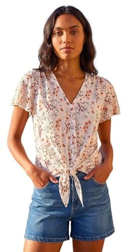 Roman Women Broderie Anglaise Tie Front Top Ladies Floral Crochet Embroidered Blouse Smart Casual Button Down Summer T-Shirt Tee Spring Cruise Beach Holiday Party
