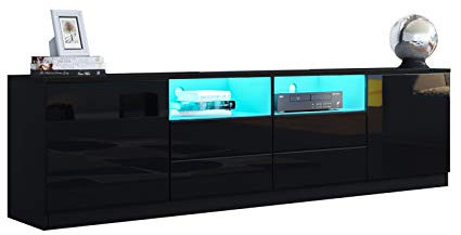 Ikewaier TV Lowboard für Wohnzimmer, Schwarz Hochglanz TV Schrank mit 2 Türen 4 Schubladen, Modernes Fernsehschrank für Wohnzimmer Schlafzimmer Möbel 180cm