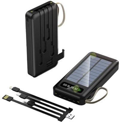 KISUFU Solar Powerbank 20000mAh, Solar Power Bank Wasserdichtes mit 4 Integrierten Kabeln, Externer Akku mit LED-Taschenlampe, Mit Halter, Seil für Smartphones, Tablets (schwarz, 20000mah)