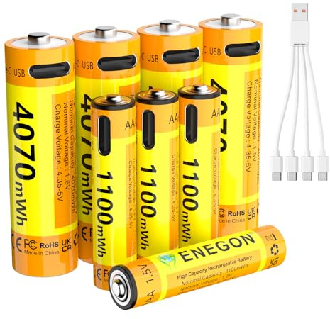 ENEGON Confezione AAA+AA: 4 batterie AAA + 4 AA al litio ricaricabili USB-C, AAA 1100 mWh/AA 4070 mWh, 1,5 V costanti, cavo di ricarica 1-a-4, per telecomandi, bilance, tastiere e mouse