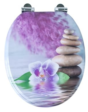 SINOBATH Siège de WC avec fonction Soft-Close, couvercle de toilette antibactérien en MDF, montage facile, stable et durable (motif de fleurs de pierre)