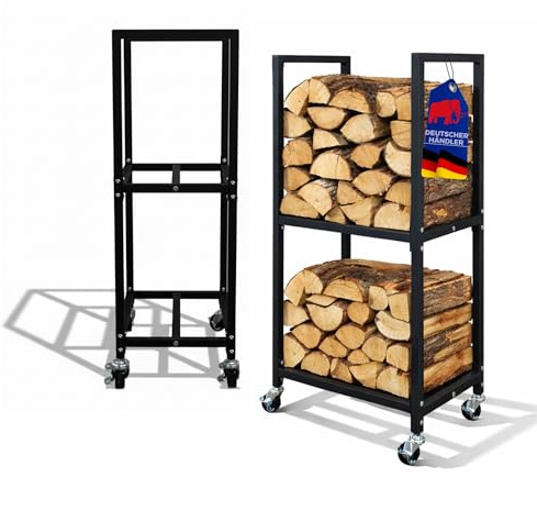 PROREGAL Kaminholzregal innen & außen PHOENIX Metall mit Rollen & 2 Ebenen 82x44x28cm Schwarz Holzständer Holzhalter Kaminholzständer Brennholzregal Mobil Holzunterstand