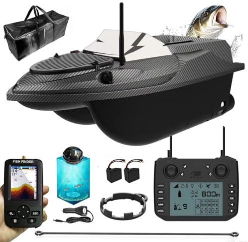 Barco Cebador Pesca RC con GPS y Sonda,Barco de Cebo de Pesca,Barco Teledirigido Carpfishing, 180 Puntos GPS, Alcance 800 m, Depósitos de Cebo 3 kg,Retorno Automático, Entrega de Anzuelo y Red,Negro