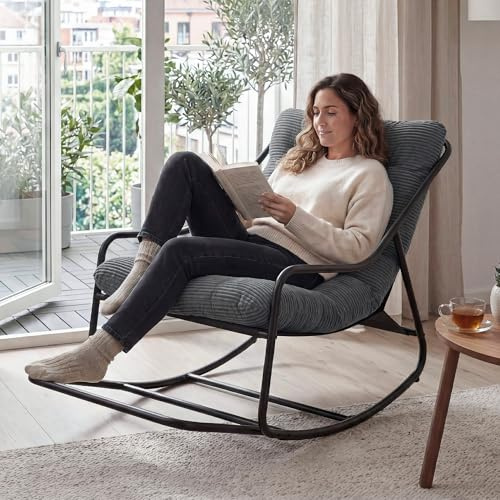 Villeston Schaukelstuhl mit verlängerten Kufen für mehr Stabilität | Gemütlicher Papasan-Stuhl mit Dick Gepolstertem Rahmen, für Innen- und Außenbereich – Robuster Stahlrahmen, Max 160 KG