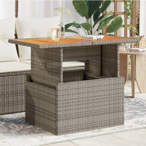 MinoLiving Gartentisch Grau 100x55x73 cm aus Poly Rattan und Akazienholz, wetterbeständiger Esstisch für Terrasse Balkon Garten, klappbar, mit Verstellbarer Tischplatte, Stabiler Rahmen