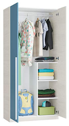 Habitdesign Armario Juvenil, Infantil, Modelo WIC, Acabado en Color Blanco Alpes y Azul, Medidas: 90 cm (Ancho) x 200 cm (Alto) x 52 cm (Fondo)