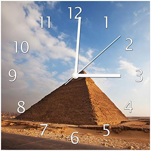 Wallario Design-Wanduhr Alte Pyramide in Ägypten aus Glas, Motiv-Uhr Größe 30 x 30 cm, weiße Zeiger