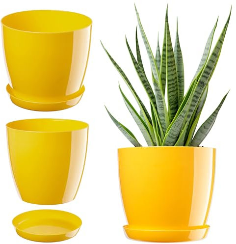 KADAX Élégant Pot de Fleurs, Pot à Plantes avec Soucoupe, Pot de Fleurs Rond, Pot de Fleurs en Plastique, Cache-Pot pour Fleurs, Pot de Fleurs Interieur Ø 18 cm Jaune
