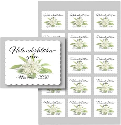Personalisierte Holunderblütengelee Aufkleber 6x4,8 cm – 15 selbstklebende Etiketten pro Bogen – Wunschtext, Schriftart & Farbe wählbar – Nicht wasserfest