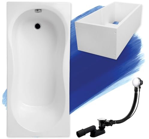 BADLAND Badewanne Original Weiß Acryl Wanne Rechteck GRACJA 150x70 KOMPLETTSET SET mit Premium Wannenträger + Füßen und Exklusive Chrom Automatik Ablaufgarnitur Made in EU 4in1