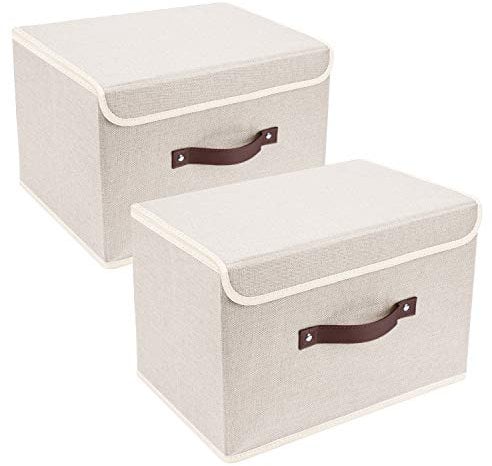 TYEERS Faltbare Aufbewahrungsbox mit Deckel, Stoff, Waschbare, Kisten Aufbewahrung mit Deckel, 38x25x25 cm, 2-Stück, Beige