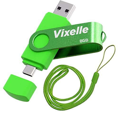 Vixelle 8GB High Speed USB 3.0 Type-C Flash Drive with Lanyard – 2in1 Dual USB C Memory Stick - 360° Swivel Pen Drive with Keychain Loop – 8GB USB Stick for Smartphone, Tablet & Computer - Green