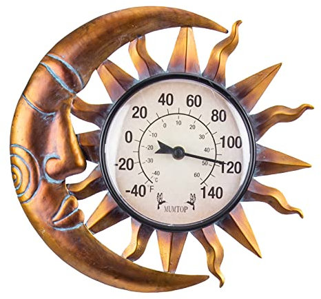 Outdoor Thermometer für Terrasse - Wandthermometer Indoor Outdoor Thermometer mit Gartenstecker für Haus und Garten Dekor (Sonne und Mond)