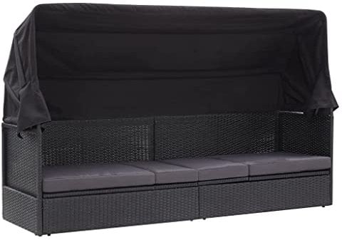 Hommdiy Gartensofa mit Sonnendach Sonnenliege Gartenliege Lounge Gartenbank Gartenbett Sofa Gartenmöbel Liege Relaxliege Sofabett Poly Rattan Schwarz