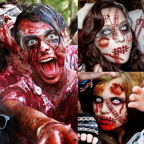 COKTAK 20 Blätter 136 Stück Narben Halloween Tattoos Wunden Fake Temporäre 3D Ritzen Kratzer Blut Kostüm für Frauen Männer Erwachsene Gesicht Zombie Makeup