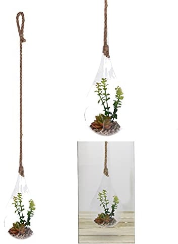 Glass Hanging Planter Plant with Artificial Succulent Plants in Terrarium Glass Plant Pot Hanger Flower Vase for Home Decoration Indoor Outdoor Houseplant, Teardrop (Large Stem)